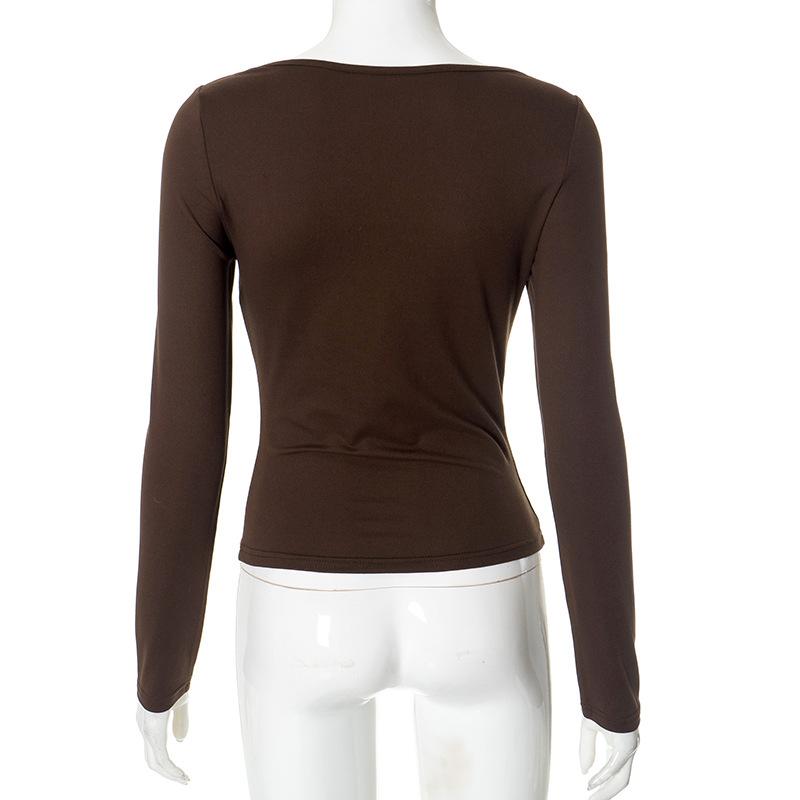 Knotted hollow out long sleeve v neck ruched top