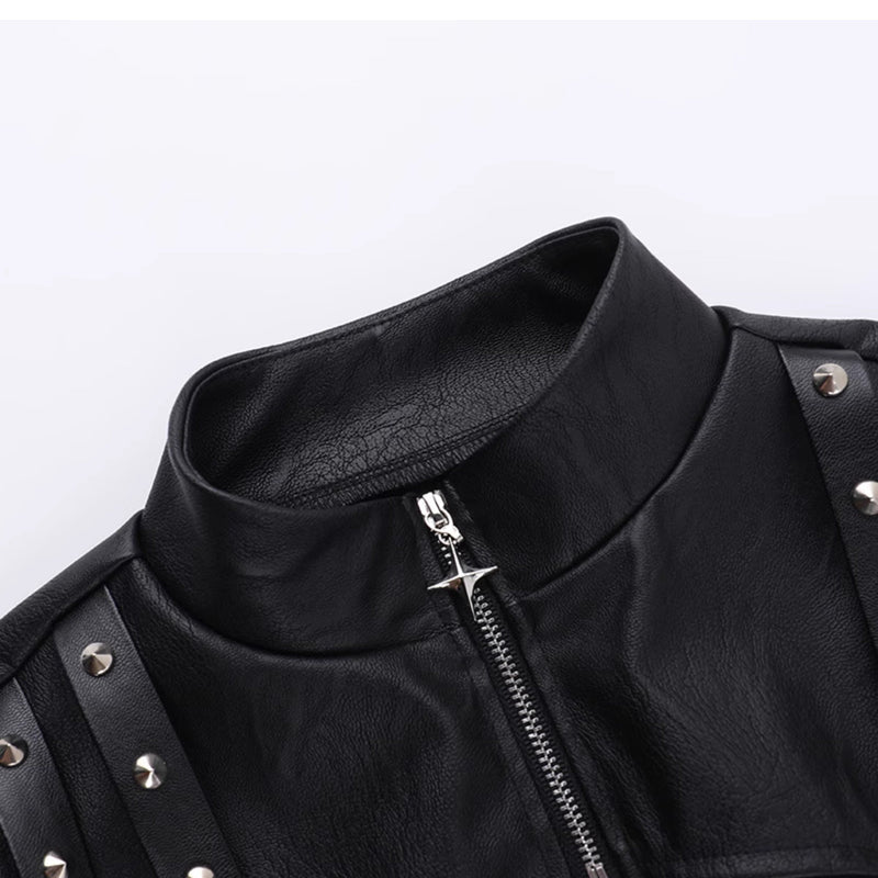 Top de manga larga con cremallera y apliques de remaches de cuero PU, calado 