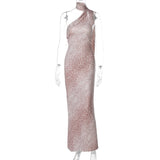 Robe longue contrastée à imprimé léopard et dos nu irrégulier 