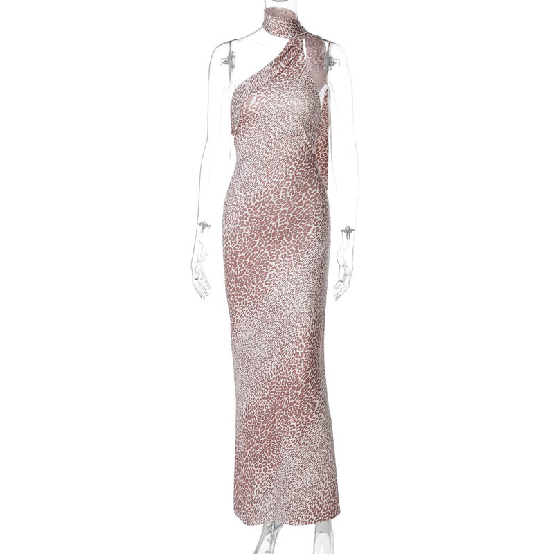 Robe longue contrastée à imprimé léopard et dos nu irrégulier 