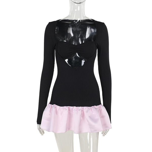 Long sleeve hollow out ribbed ruffle v neck mini dress