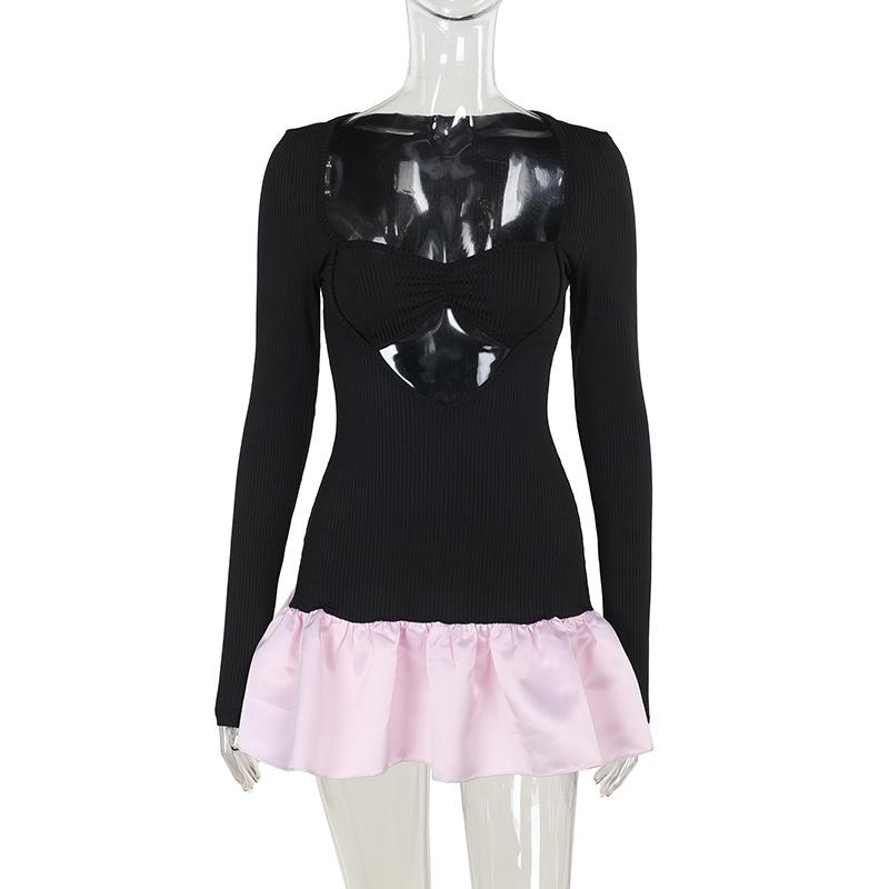 Long sleeve hollow out ribbed ruffle v neck mini dress