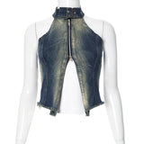 Halter zip-up slit denim buckle raw hem top