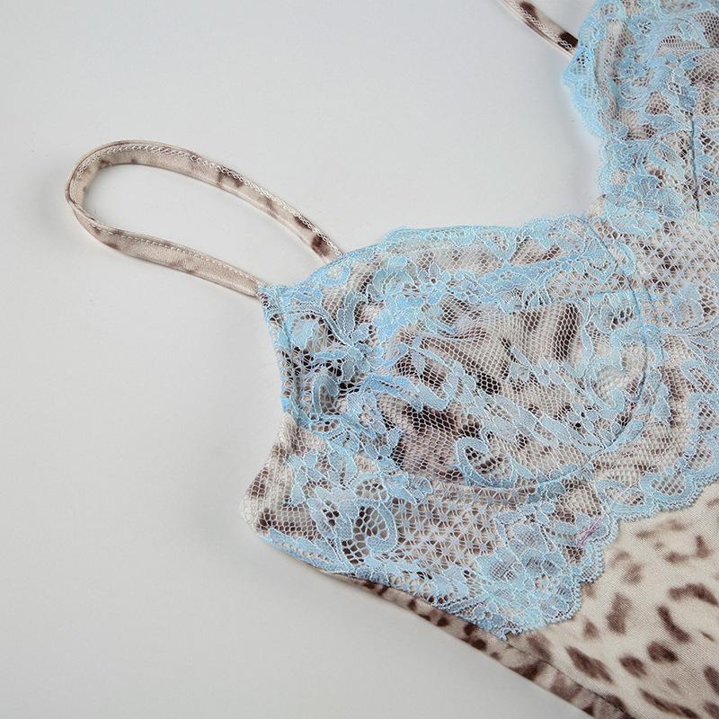 Leopard print v neck lace hem cami mini dress