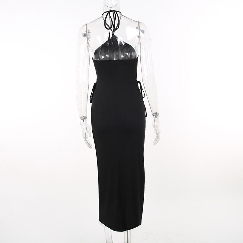 Halter self tie hollow out textured backless midi dress
