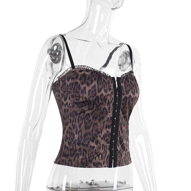 Top camisola sin espalda con volantes y estampado de leopardo con cuello en V 