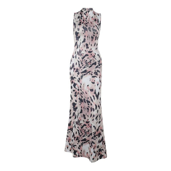 Vestido largo sin espalda y cuello alto con estampado de leopardo 