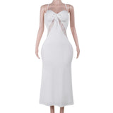 Robe midi froncée en dentelle à col en V et à nouer dans le dos 