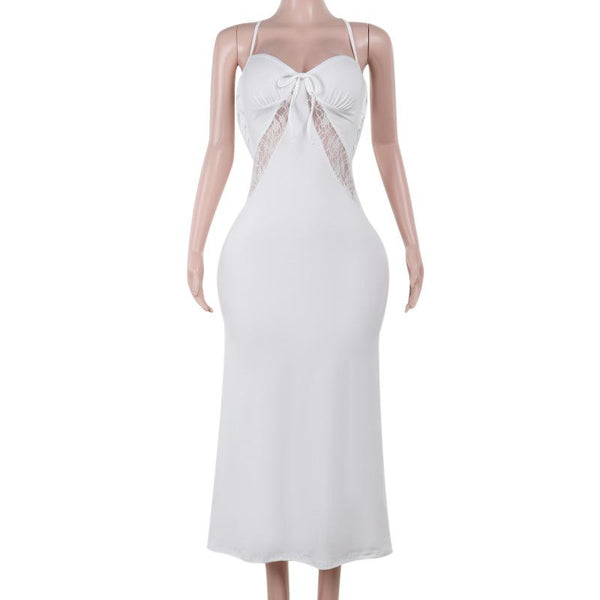 Robe midi froncée en dentelle à col en V et à nouer dans le dos 