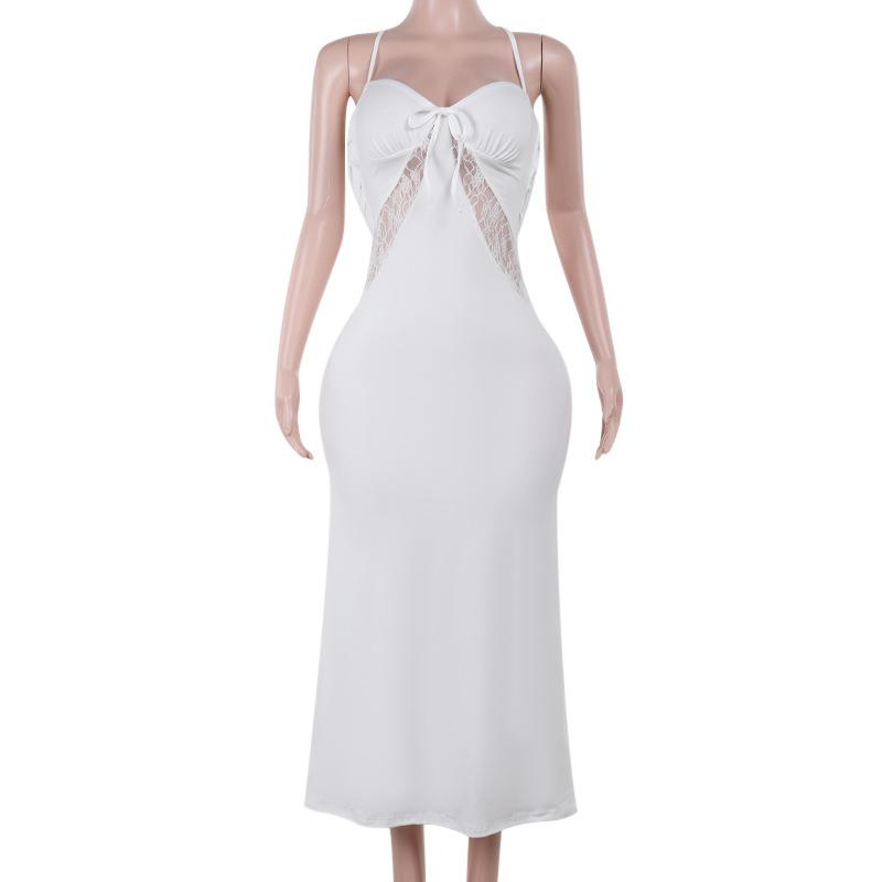 Robe midi froncée en dentelle à col en V et à nouer dans le dos 