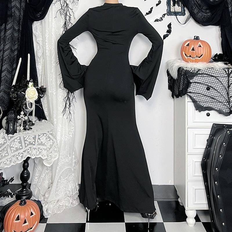Long flared sleeve hollow out crewneck maxi dress
