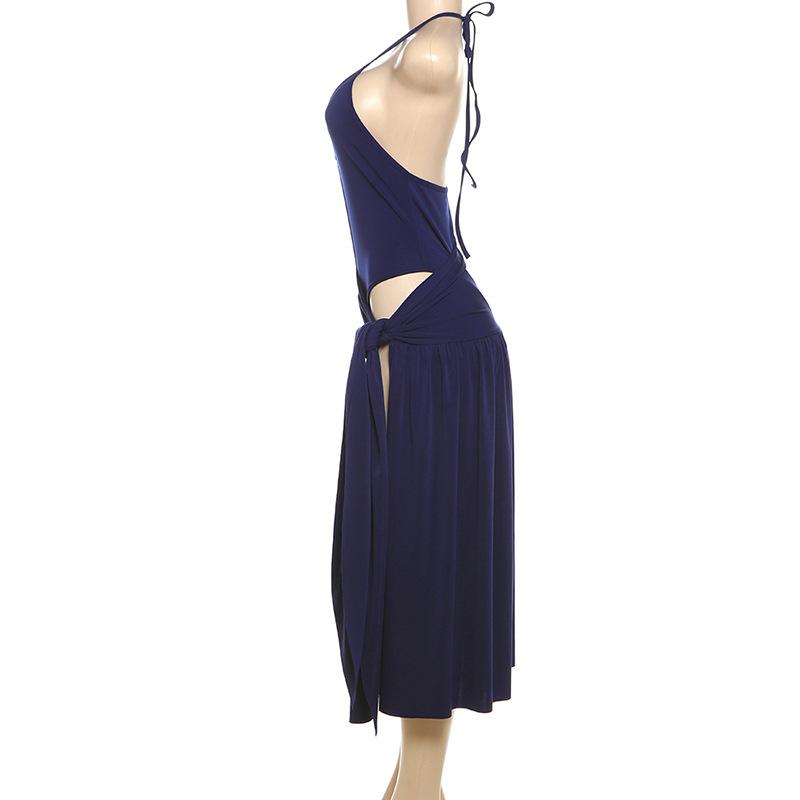 Halter self tie button ruched deep V neck midi skirt set