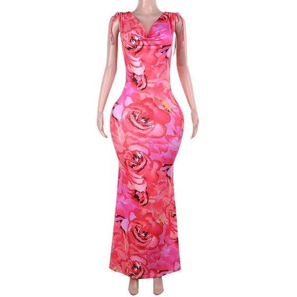 Robe longue dos nu à imprimé fleuri et col bénitier 