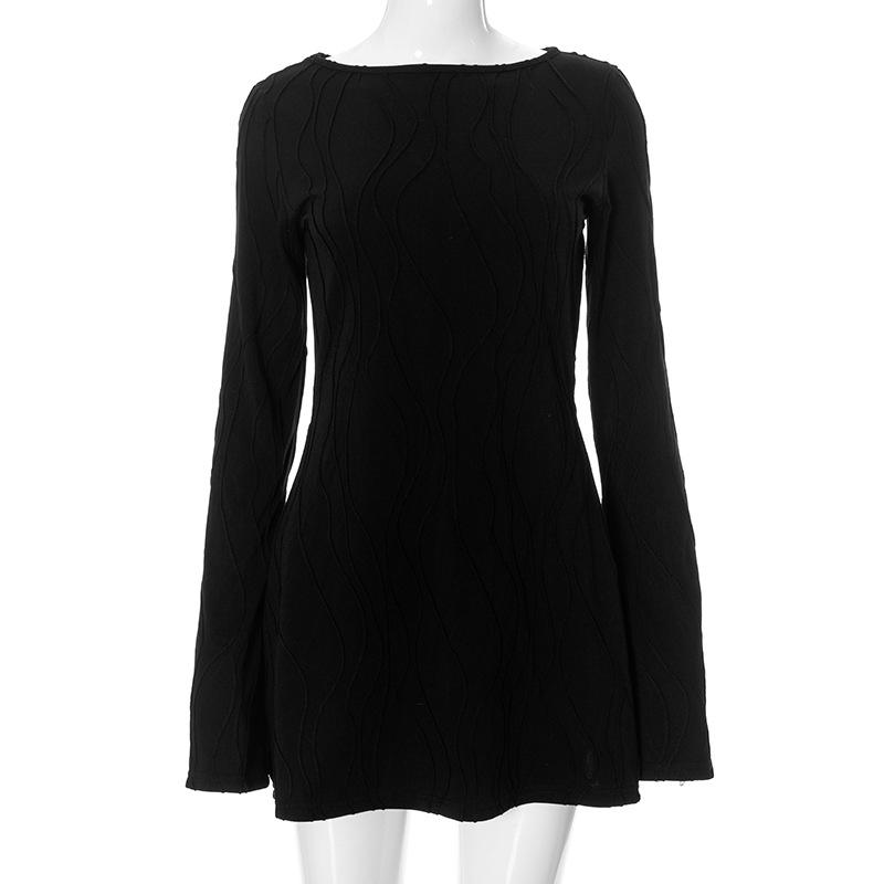 Long sleeve textured crewneck solid mini dress