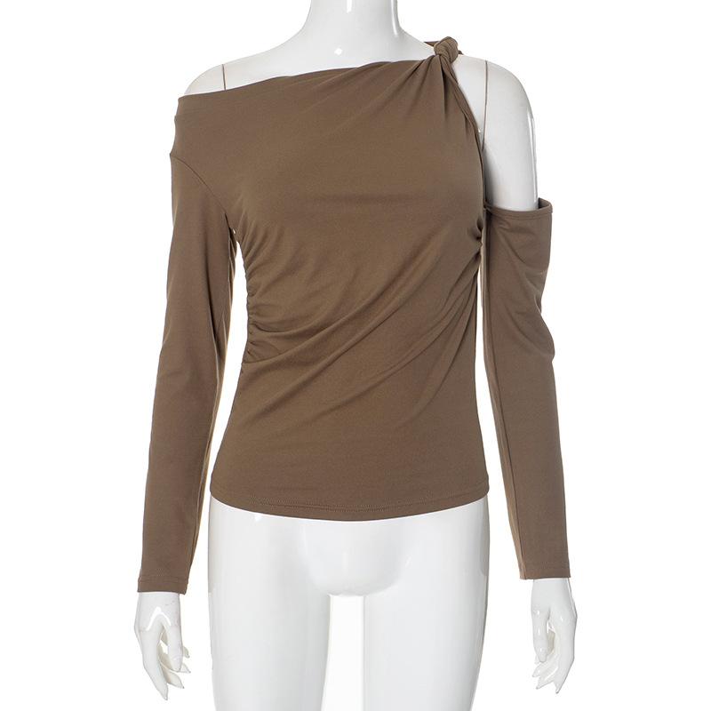 Hollow out long sleeve ruched one shoulder knotted top