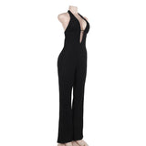 Halter self tie deep V neck lace backless jumpsuit