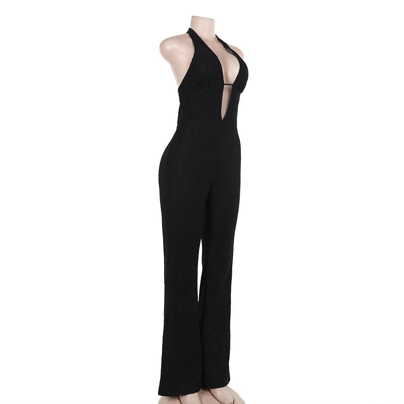 Halter self tie deep V neck lace backless jumpsuit
