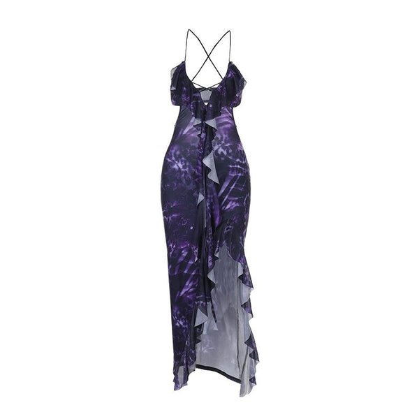 Robe longue à bretelles spaghetti fendues et à volants avec imprimé croisé dans le dos 