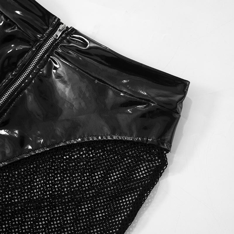 Ensemble pantalon à manches longues en cuir PU avec col retourné et fermeture éclair 