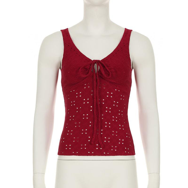 Hollow out v neck self tie textured tank top