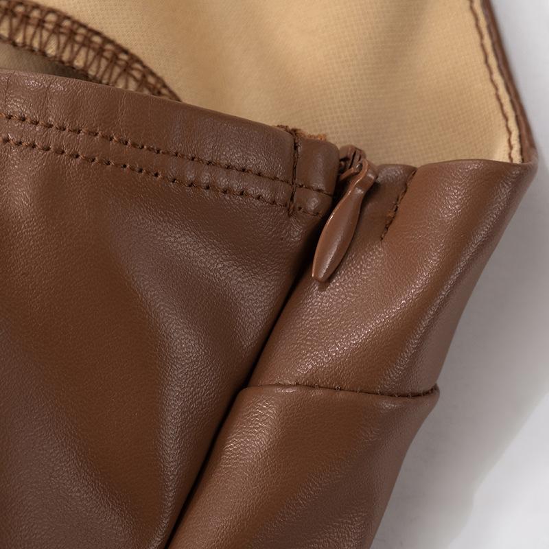 U neck PU leather zip-up backless solid mini dress