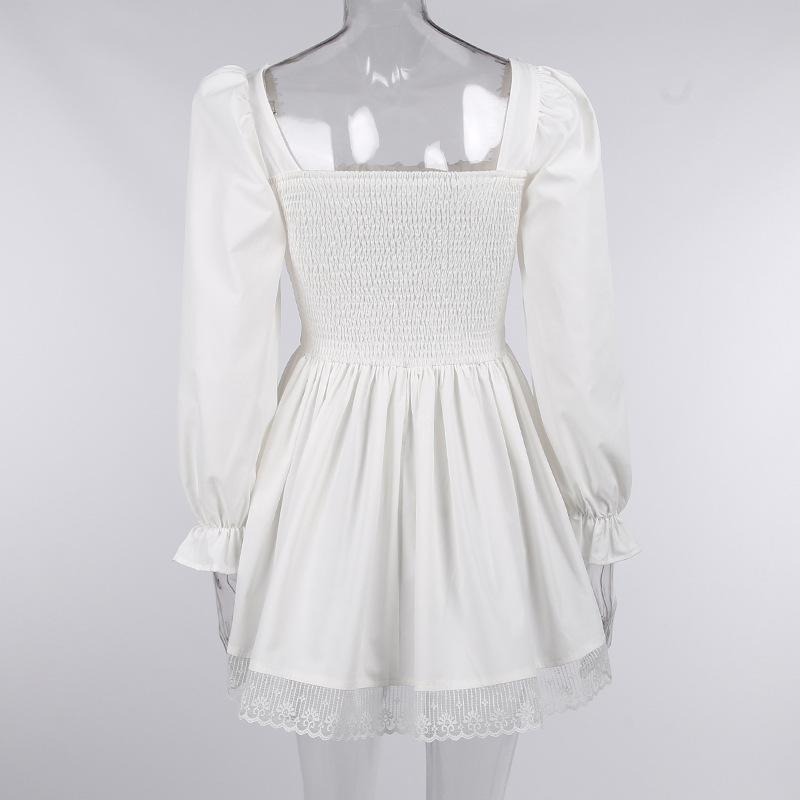 Long sleeve smocked lace up lace hem mini dress