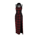 Hollow out plaid print lace up lace slit midi dress