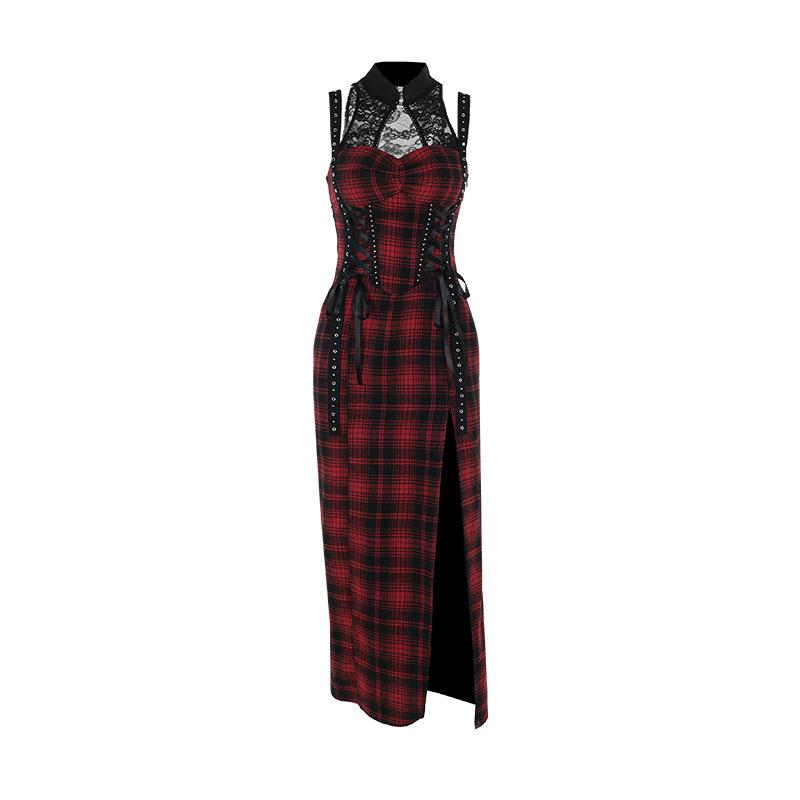 Hollow out plaid print lace up lace slit midi dress