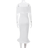 Off shoulder ruffle ribbed solid tube midi dress