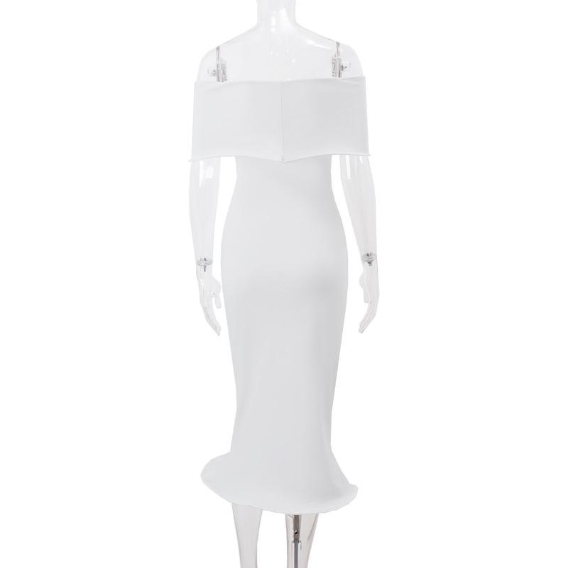 Off shoulder ruffle ribbed solid tube midi dress