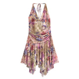 Mini-robe à col en V en maille imprimée froncée à nouer soi-même 