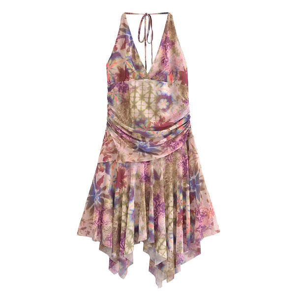 Mini-robe à col en V en maille imprimée froncée à nouer soi-même 