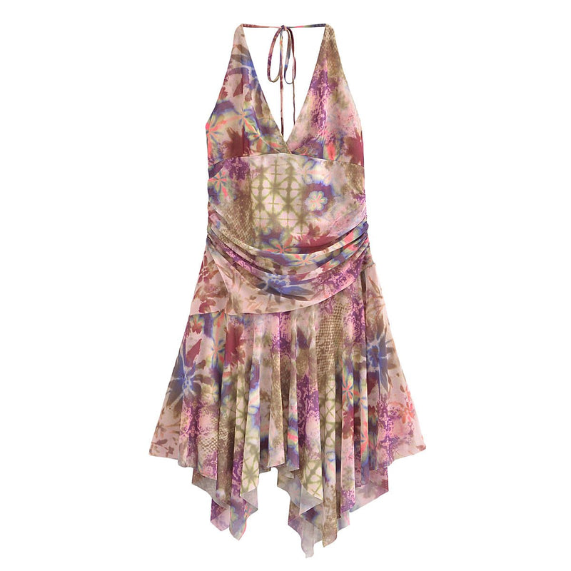 Mini-robe à col en V en maille imprimée froncée à nouer soi-même 