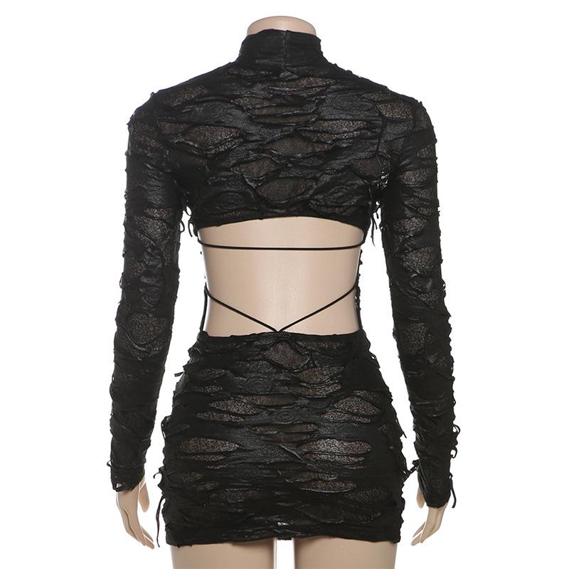 Long sleeve high neck see through hollow out mini dress