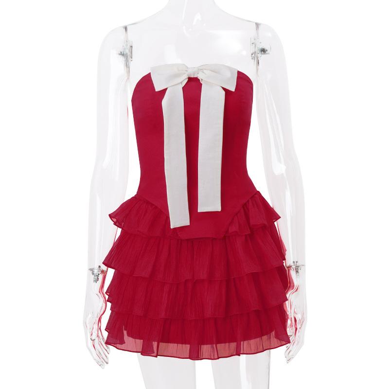 Ensemble de mini-jupe tube à lacets et volants froncés avec nœud papillon 