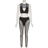 Ensemble pantalon taille moyenne en maille ajourée à col ras du cou 