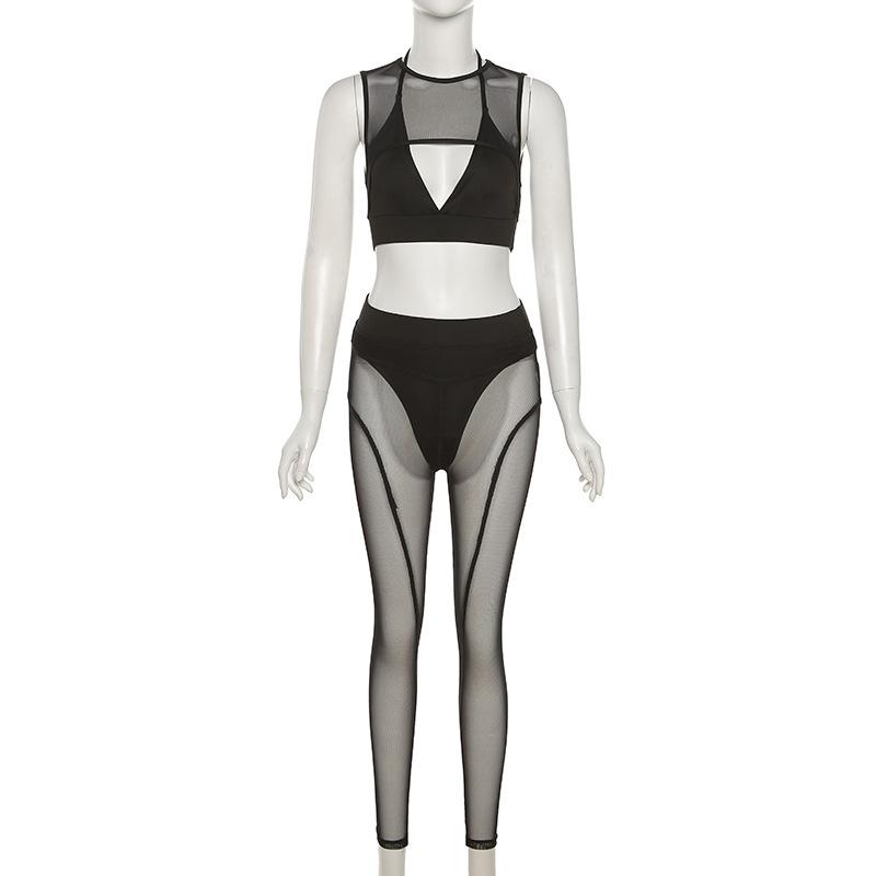 Ensemble pantalon taille moyenne en maille ajourée à col ras du cou 