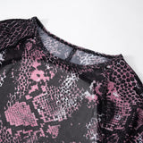 Long sleeve sheer mesh snakeskin print stitch romper