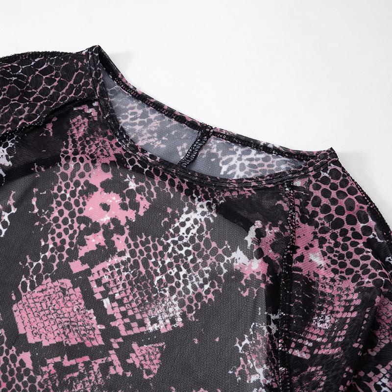 Long sleeve sheer mesh snakeskin print stitch romper
