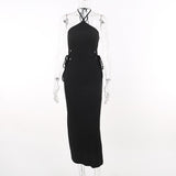 Halter self tie hollow out textured backless midi dress