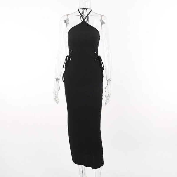 Halter self tie hollow out textured backless midi dress