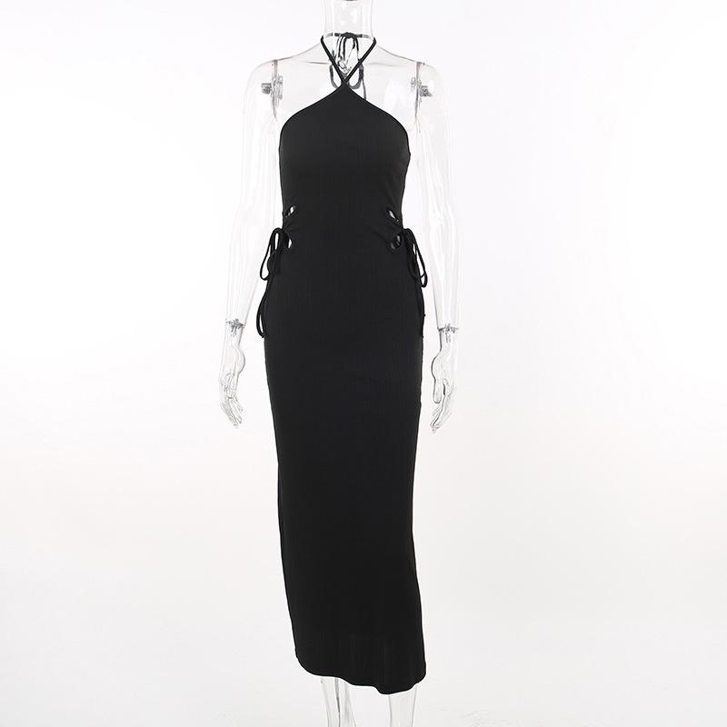 Halter self tie hollow out textured backless midi dress