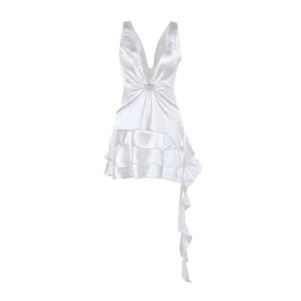 Mini-robe unie irrégulière à volants et col en V profond 