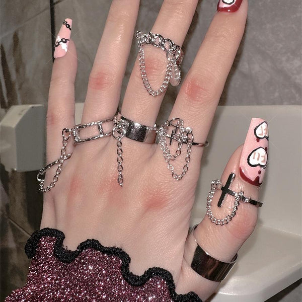 Bague en argent avec chaîne en métal croisé, 7 pièces