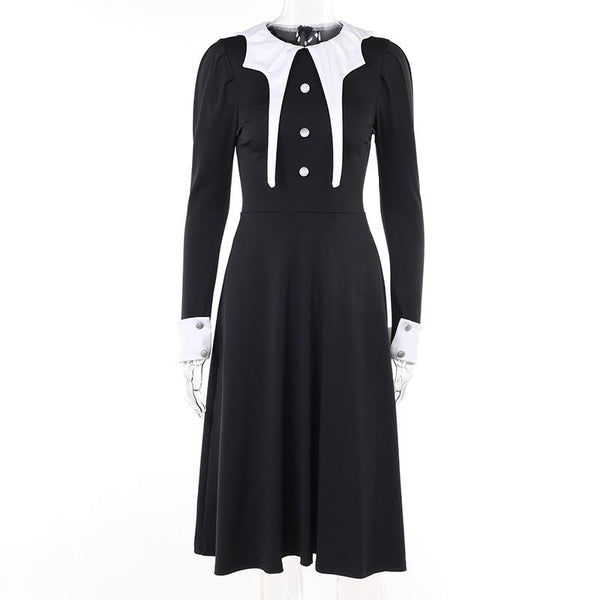 Robe midi zippée à manches longues et col ras du cou avec boutons appliqués 