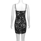 Lace hollow out see through u neck cami mini dress