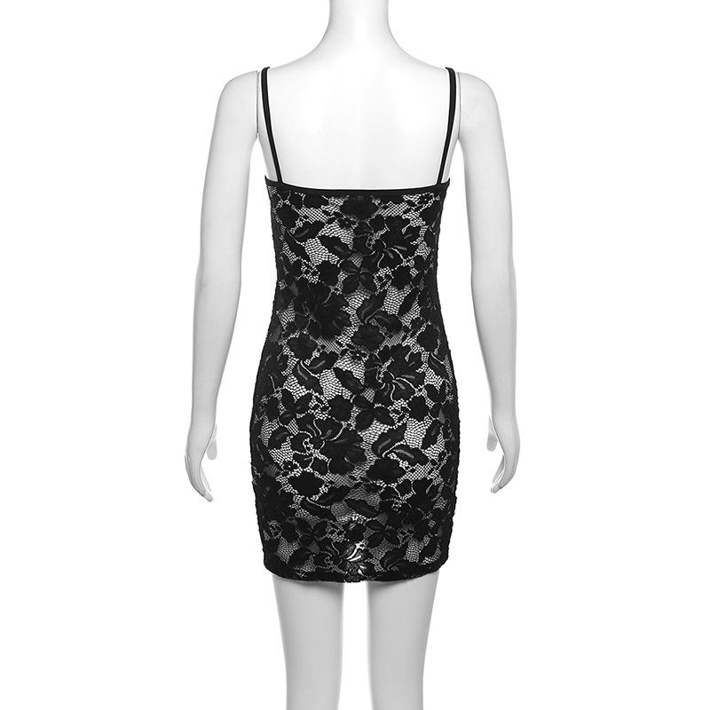 Lace hollow out see through u neck cami mini dress