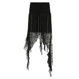 Irregular bowknot ribbon ruched lace solid midi skirt