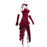 Robe midi en velours à volants et col en V avec appliques florales irrégulières 