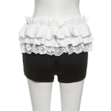 Lace hem ruched bowknot ribbon short pant